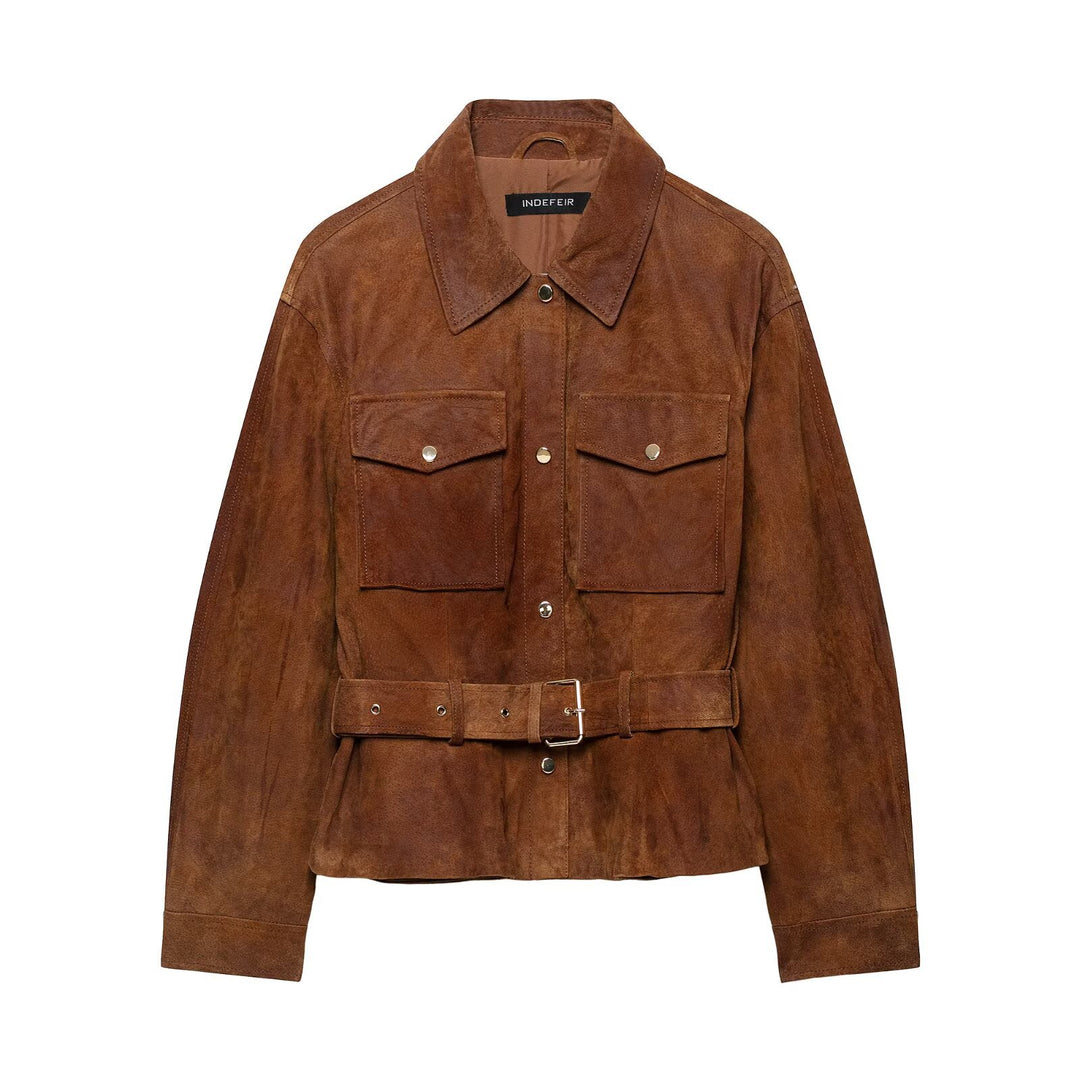 Damen Kurzjacke im Safari‑Stil aus Veloursleder mit Taillengürtel und aufgesetzten Brusttaschen Nord Taschen