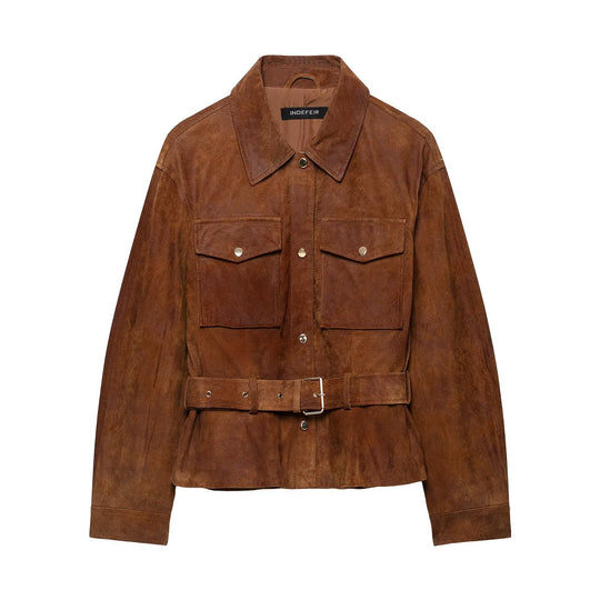 Damen Kurzjacke im Safari‑Stil aus Veloursleder mit Taillengürtel und aufgesetzten Brusttaschen Nord Taschen