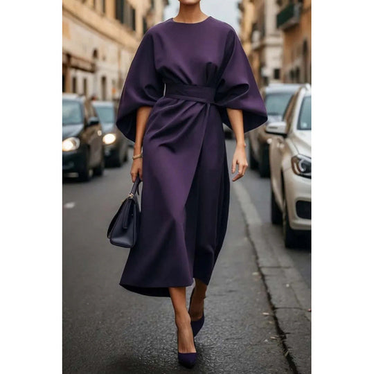 Damen Elegantes Midikleid mit weitem Kimonoärmel und tailliertem Wickelbund Nord Taschen