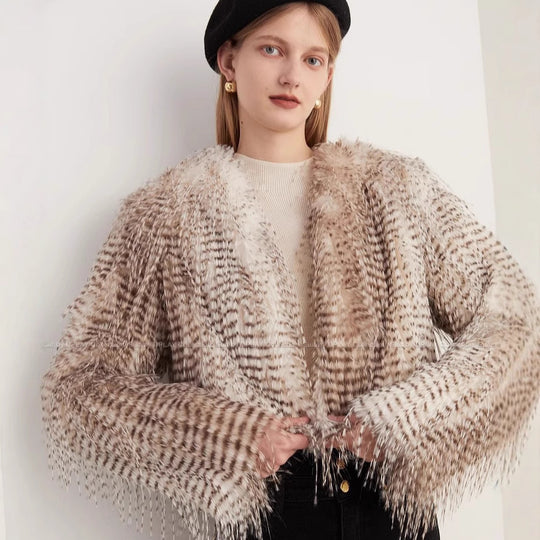 Damen Kurzer Plüsch‑Bolero mit gestreifter Federnoptik und kastiger Silhouette Nord Taschen