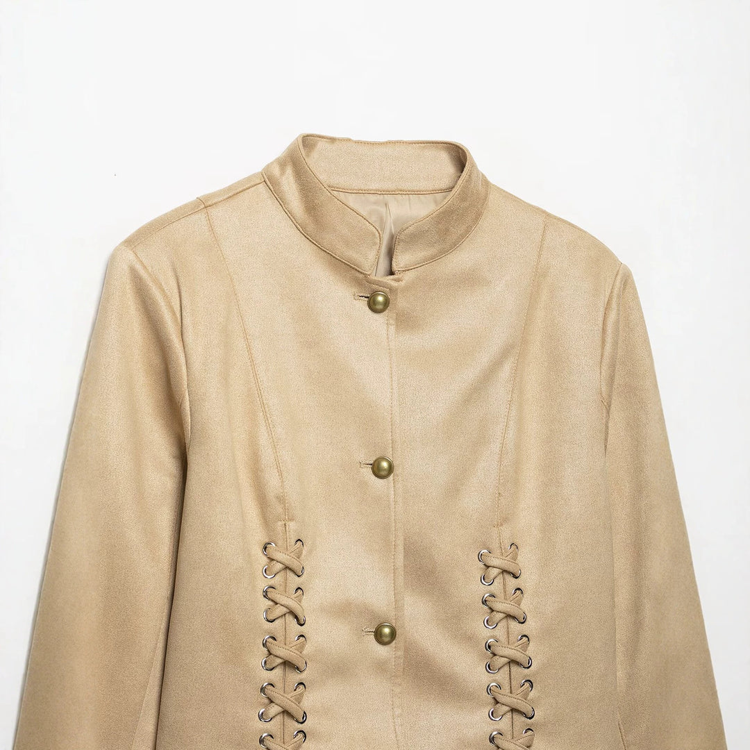 Damen Veloursleder-Kurzjacke mit Schnürung und Stehkragen Nord Taschen