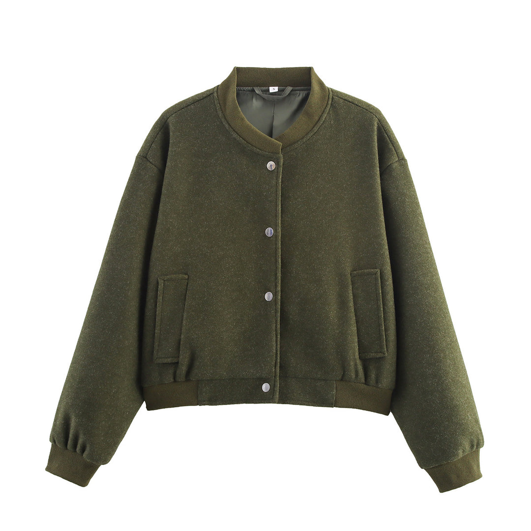 Damen Kurze Oversize-Collegejacke im Wollmix mit Druckknopfverschluss, Eingrifftaschen und Rippenbündchen Nord Taschen