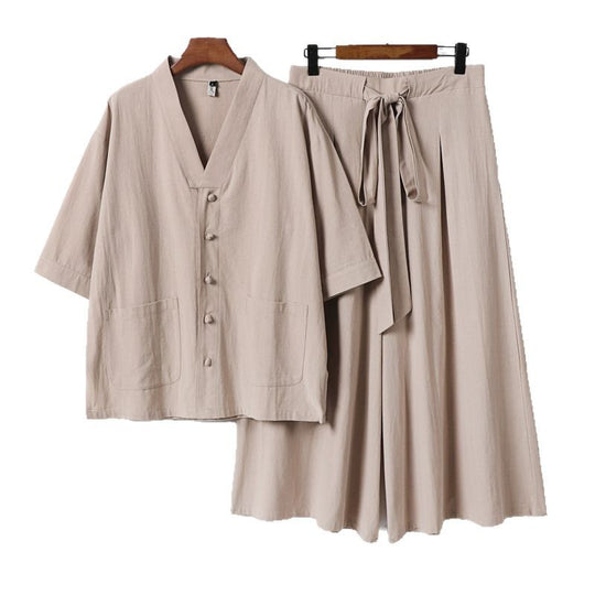 Damen Zweiteiliges Kimono-Lounge-Set mit Kurzarm-Knopfjacke, aufgesetzten Taschen und weiten Palazzo-Hosen Nord Taschen