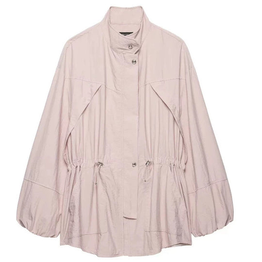 Damen Leichte Oversize‑Utilityjacke mit Tunnelzug‑Taillierung, Stehkragen und Ballonärmeln Nord Taschen