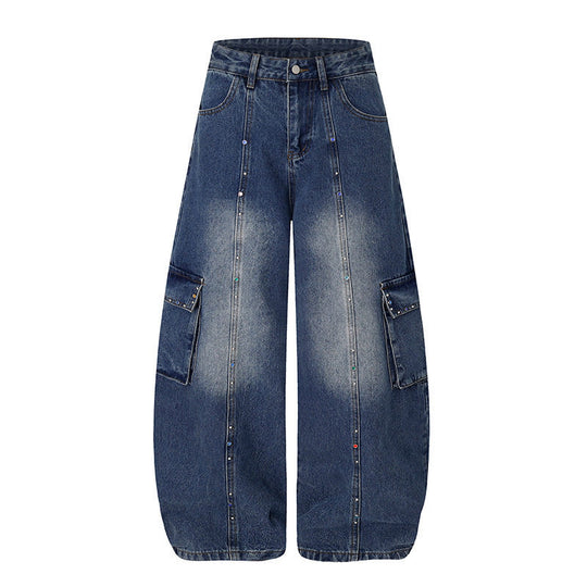 Damen Extraweite Cargo‑Palazzo‑Jeans mit hoher Taille, aufgesetzten Taschen und Strassbesatz Nord Taschen