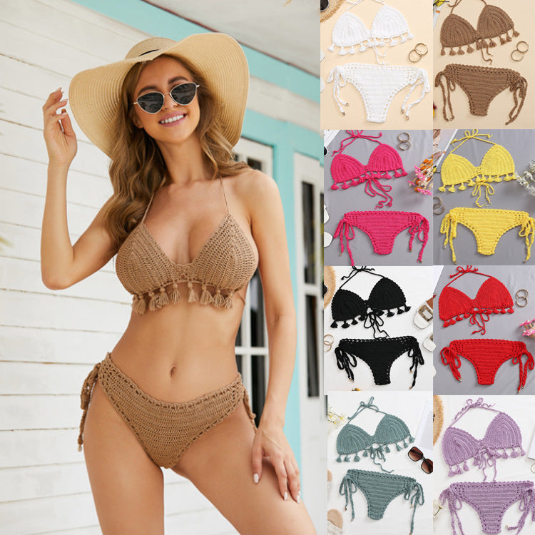 Damen Häkel-Bikini-Set mit fransigen Akzenten und verstellbaren Trägern