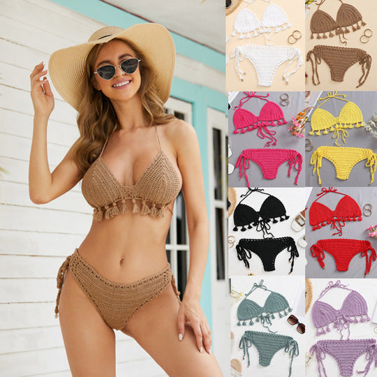 Damen Häkel-Bikini-Set mit fransigen Akzenten und verstellbaren Trägern
