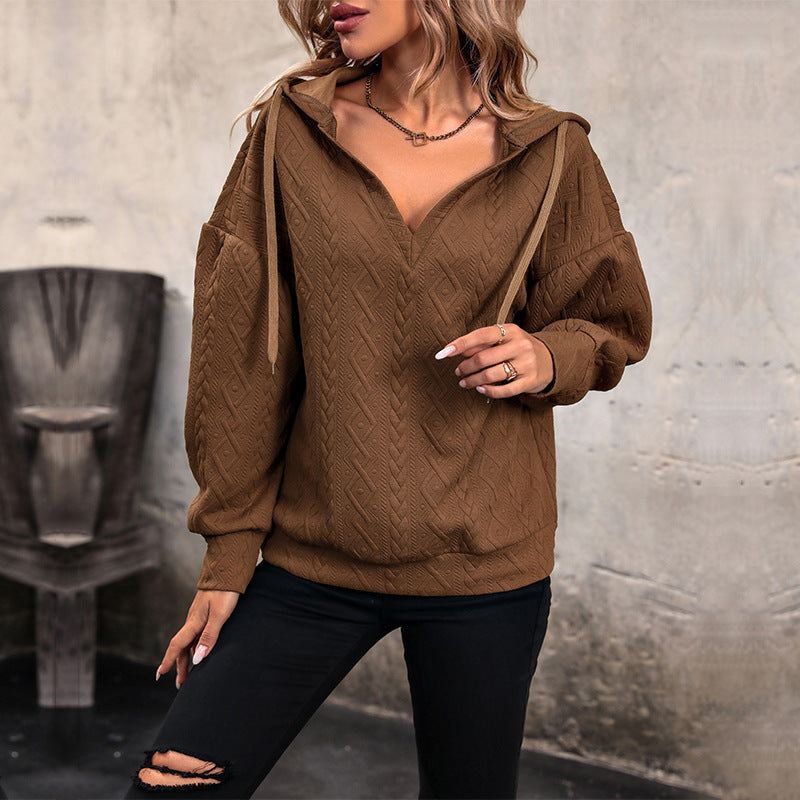 Damen Gemütlicher Strickpullover mit V-Ausschnitt und Kapuze Nord Taschen