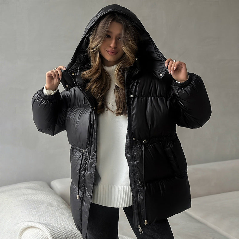 Damen Langer wattierter Parka mit Kapuze, Taillenzug und Oversize-Silhouette Nord Taschen