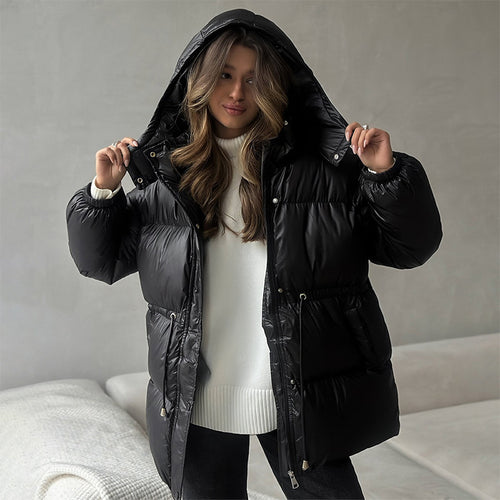 Damen Langer wattierter Parka mit Kapuze, Taillenzug und Oversize-Silhouette Nord Taschen