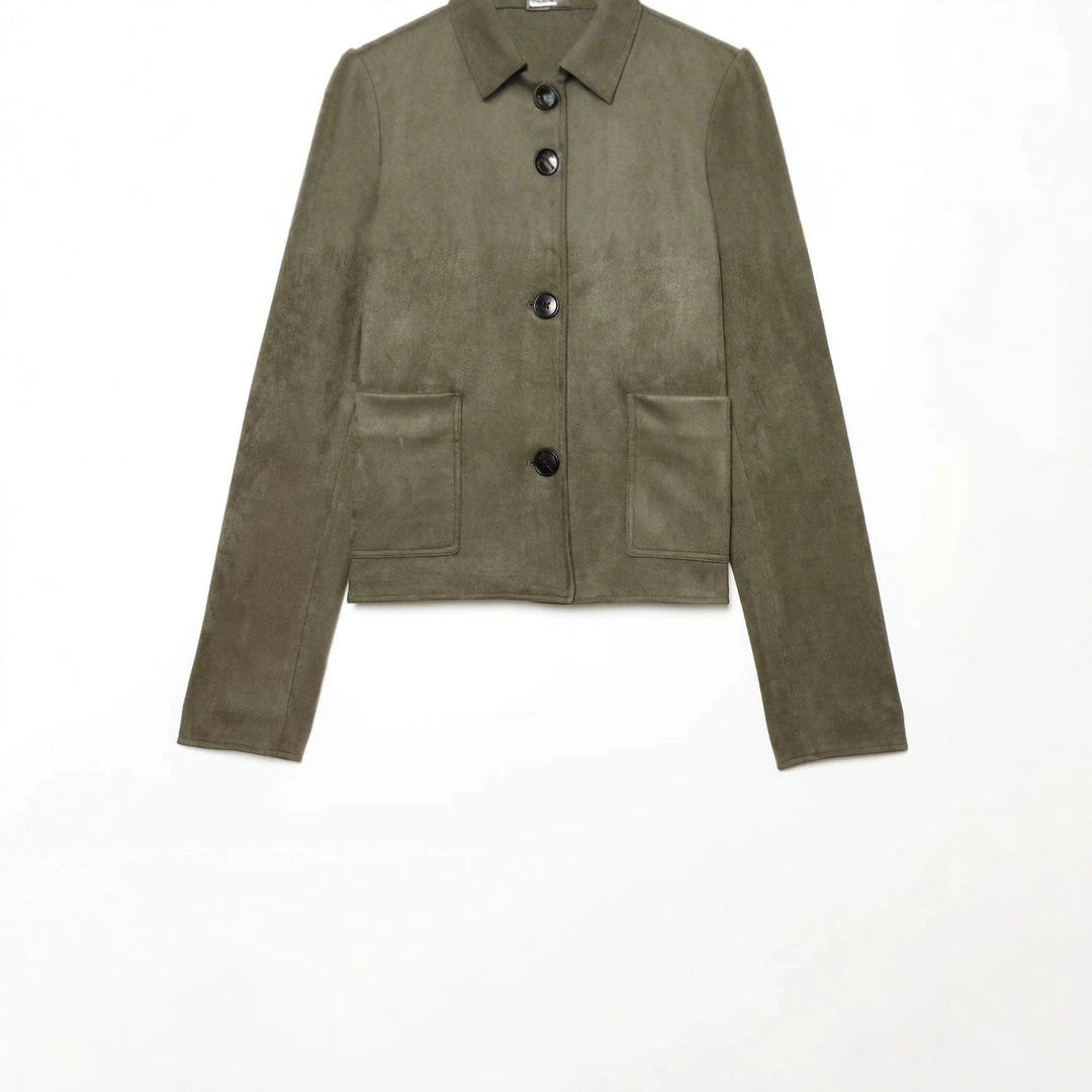 Damen Kurzjacke aus Velourslederimitat mit Hemdkragen und aufgesetzten Taschen Nord Taschen