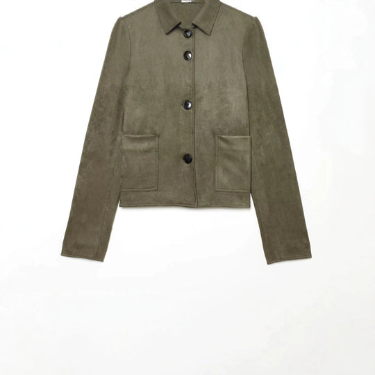 Damen Kurzjacke aus Velourslederimitat mit Hemdkragen und aufgesetzten Taschen Nord Taschen