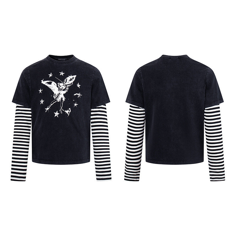 Damen Lagen-Langarmshirt mit gestreiften Unterärmeln und Vintage-Engel-Print Nord Taschen