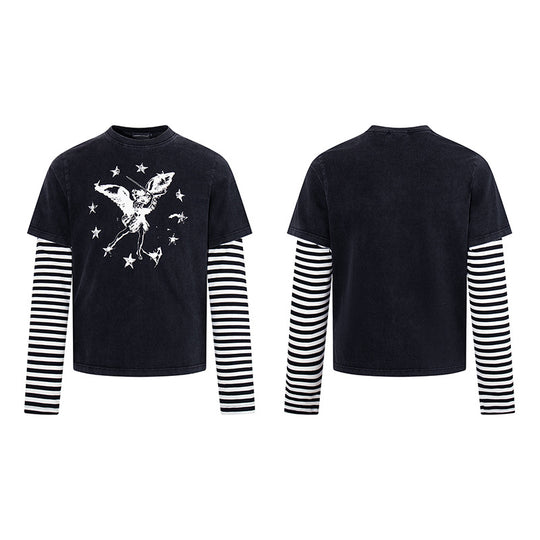 Damen Lagen-Langarmshirt mit gestreiften Unterärmeln und Vintage-Engel-Print Nord Taschen