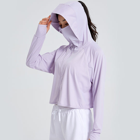 Damen Leichte Sportliche UV-Schutz-Kapuzenjacke mit kurzem Cropped‑Schnitt, Raglanärmeln & Daumenlöchern Nord Taschen