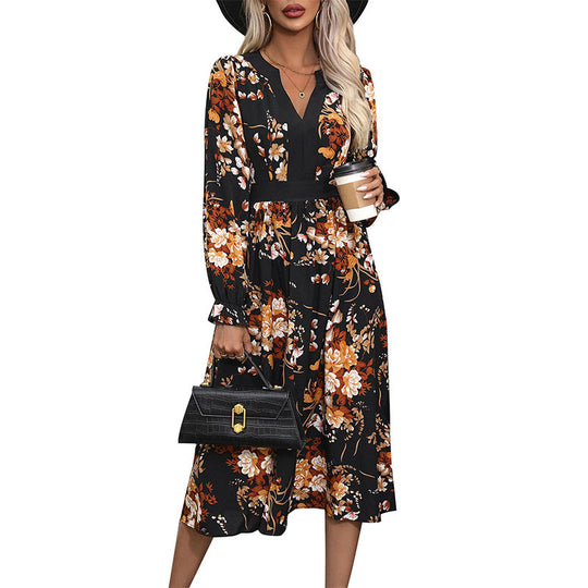 Damen Midikleid mit tailliertem Bund, V‑Ausschnitt, langen Ärmeln und floralem Allover‑Print Nord Taschen