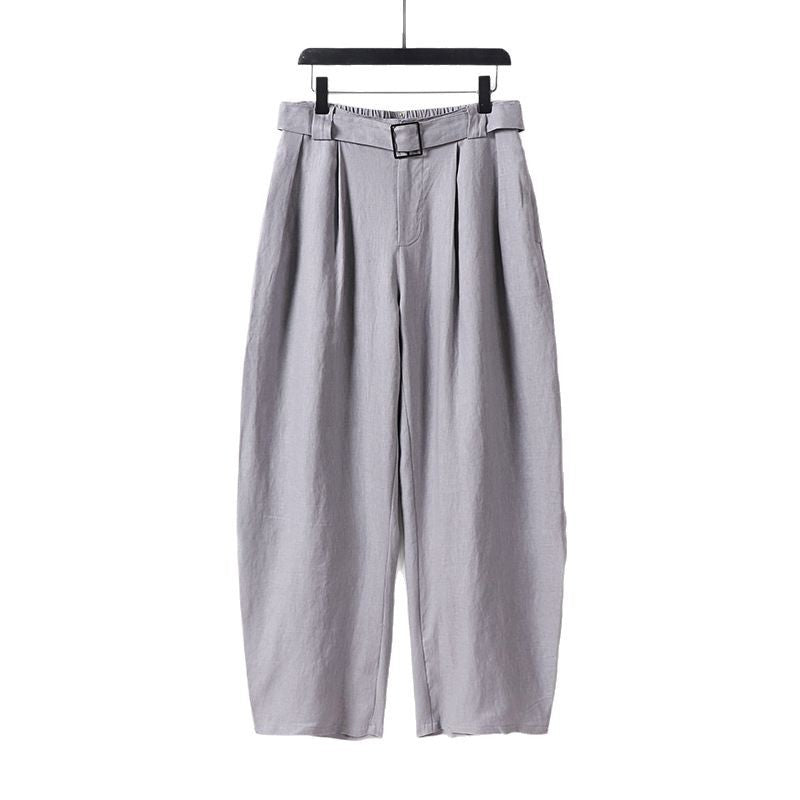 Damen Hochgeschnittene weite Leinenmix-Hose mit Bundfalten und Stoffgürtel Nord Taschen