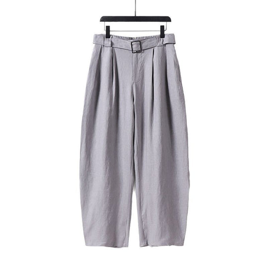 Damen Hochgeschnittene weite Leinenmix-Hose mit Bundfalten und Stoffgürtel Nord Taschen