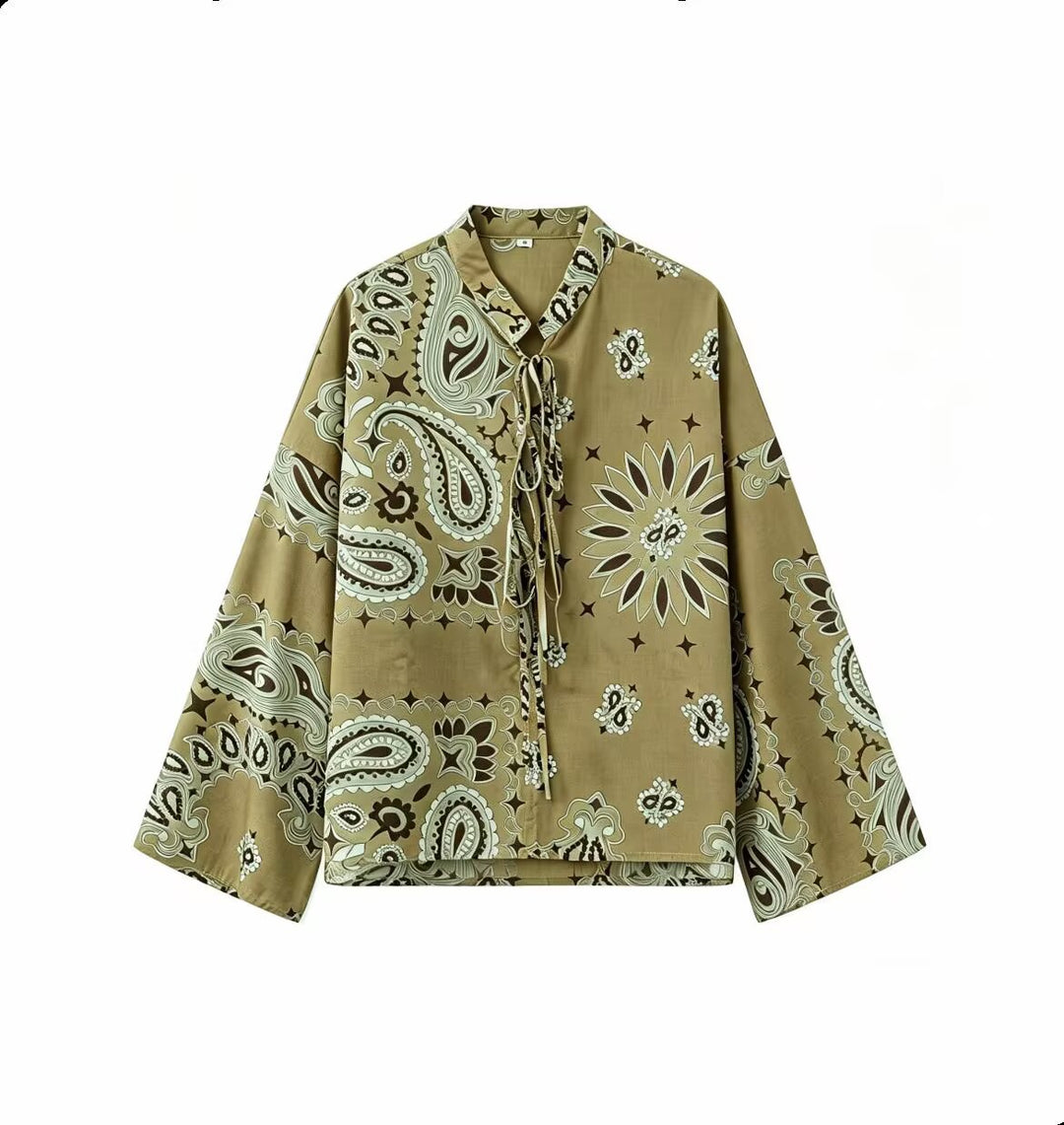 Damen Zweiteiliges Satinoptik-Lounge-Set mit Paisley-Print, Kimonokragen-Bluse und weiter Culotte-Hose Nord Taschen