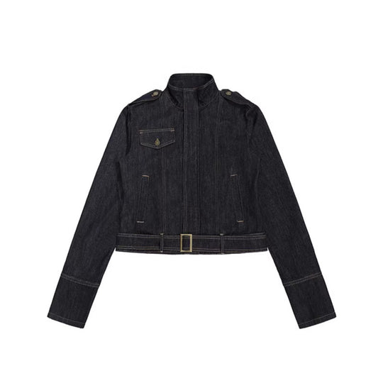 Damen taillierte Jeansjacke mit hohem Stehkragen, Taillengürtel und Schulterpatten Nord Taschen
