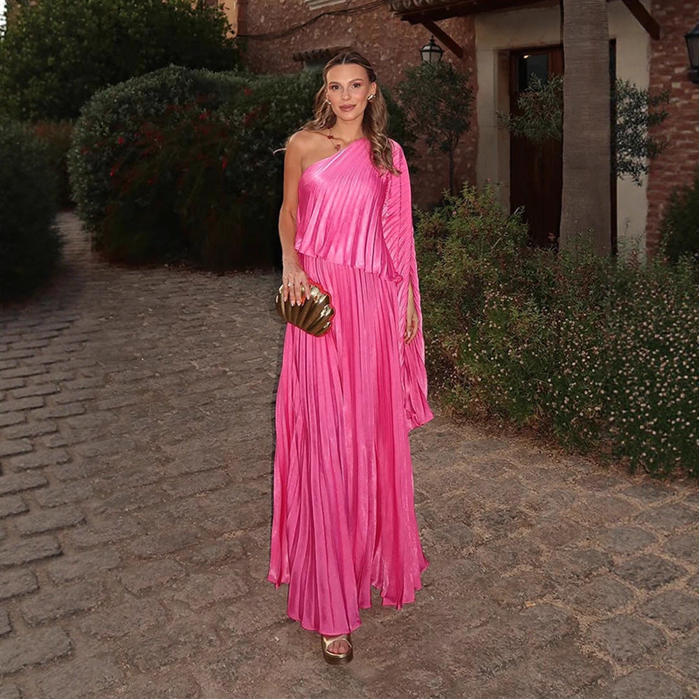 Damen Ein-Schulter Plissee-Maxikleid mit drapiertem Oberteil und weitem Volantrock Nord Taschen