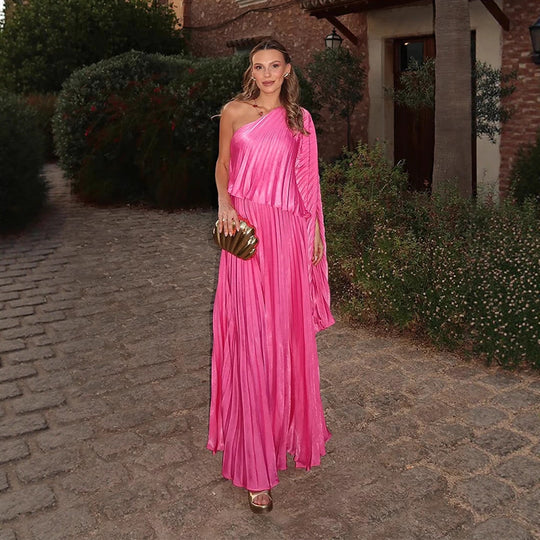 Damen Ein-Schulter Plissee-Maxikleid mit drapiertem Oberteil und weitem Volantrock Nord Taschen