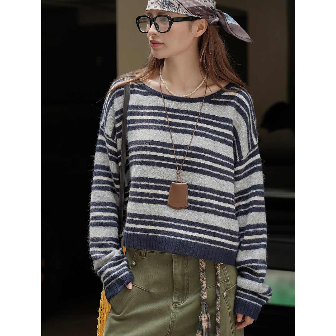 Damen Weicher Oversize-Streifenpullover mit U-Boot-Ausschnitt und Flauschoptik Nord Taschen
