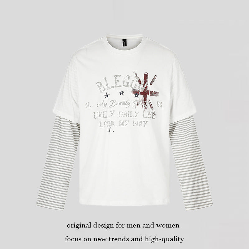 Damen Lagen-Langarmshirt mit gestreiften Einsatzärmeln und Vintage-Print Nord Taschen