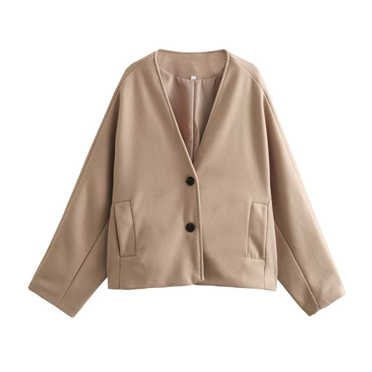 Damen Kurzjacke im Boxy‑Cut mit V‑Ausschnitt und Wollmix Nord Taschen