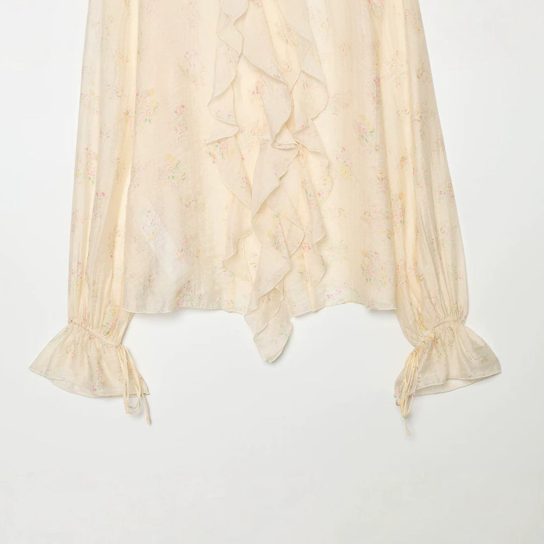 Damen Chiffon-Bluse mit Volantfront, Bindebündchen und gerafften Manschetten Nord Taschen