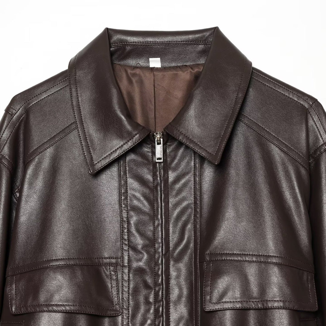 Damen Cropped Bomberjacke aus Lederimitat mit Hemdkragen und gerafftem Bund Nord Taschen