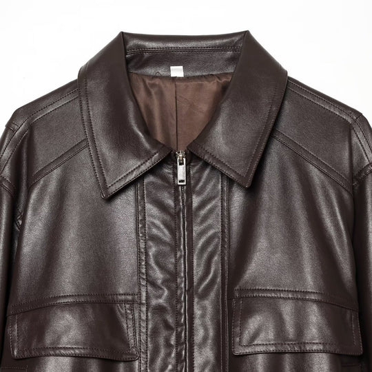 Damen Cropped Bomberjacke aus Lederimitat mit Hemdkragen und gerafftem Bund Nord Taschen