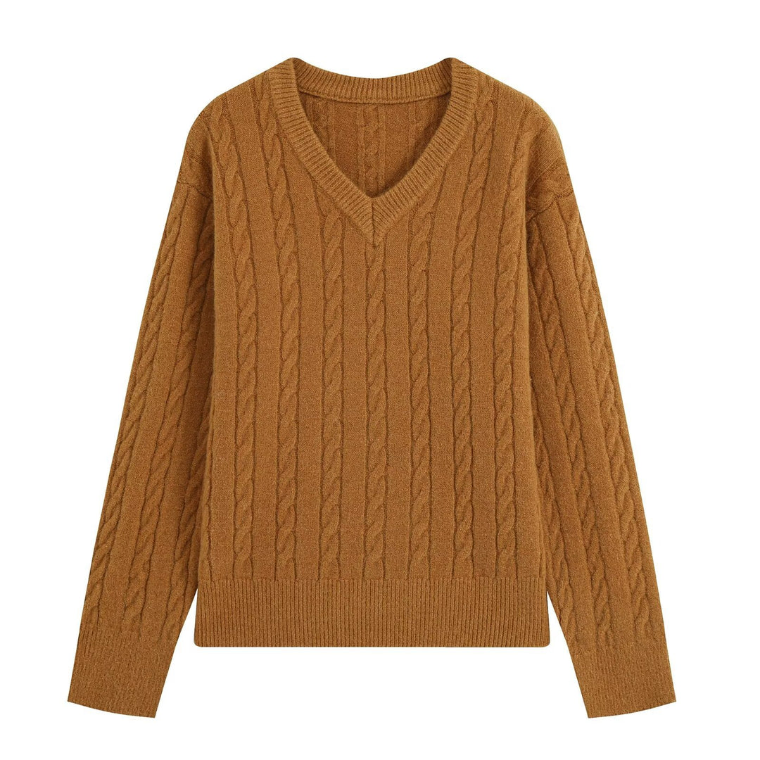Damen Oversize Zopfmuster-Pullover mit V-Ausschnitt und breitem Rippbündchen Nord Taschen