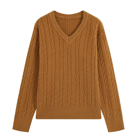 Damen Oversize Zopfmuster-Pullover mit V-Ausschnitt und breitem Rippbündchen Nord Taschen
