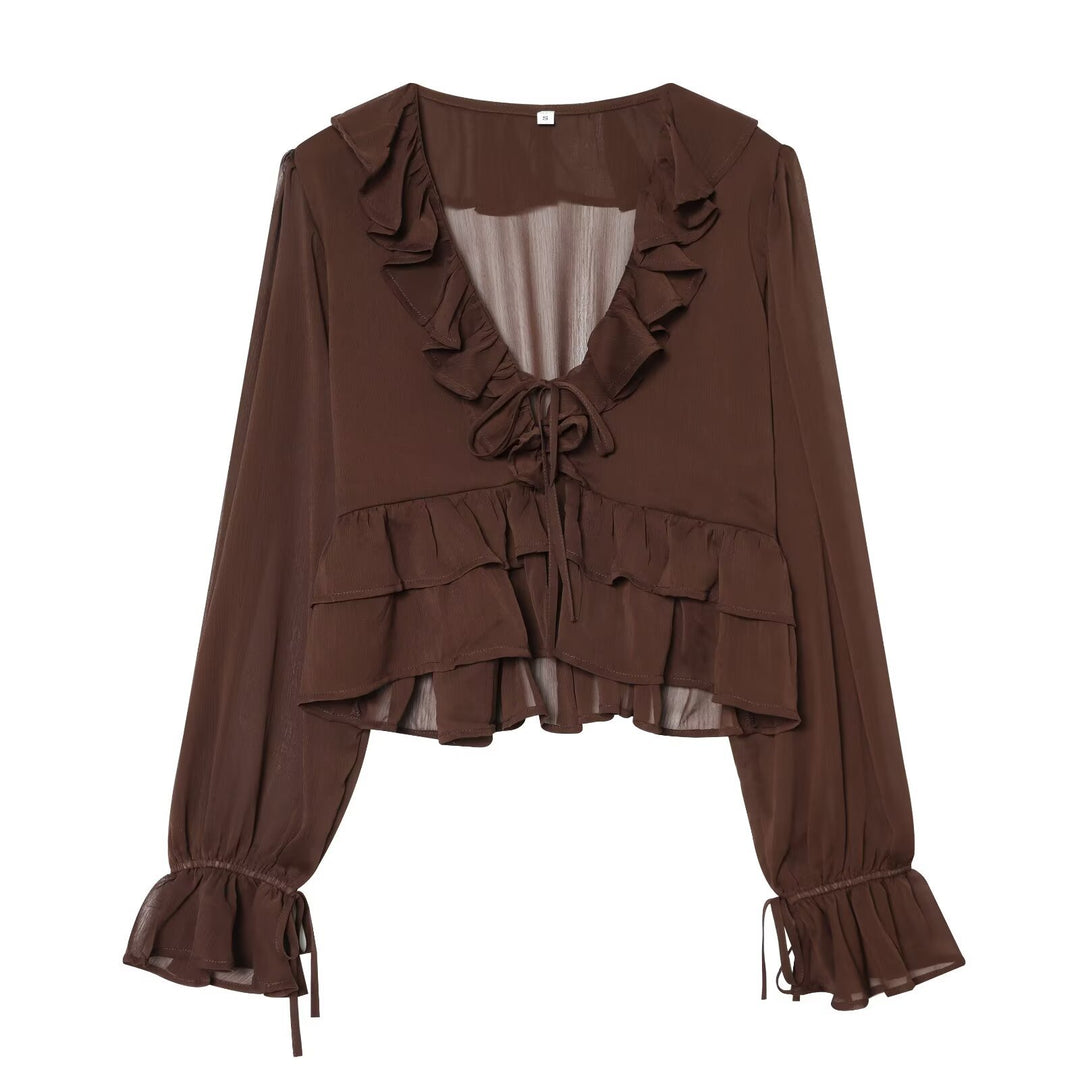 Damen Chiffon-Croppedbluse mit Rüschenvolant, Bindeband und Ballonärmeln Nord Taschen
