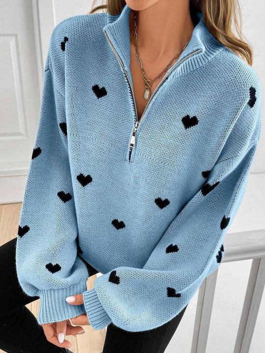 Damen Oversize Strickpullover mit Half-Zip und Herzmotiv Nord Taschen