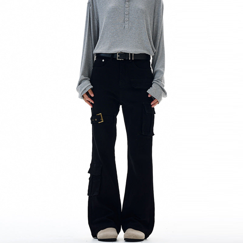 Damen Cargo-Flared-Jeans mit hoher Bundlinie, Utility-Taschen und Beinschnalle Nord Taschen