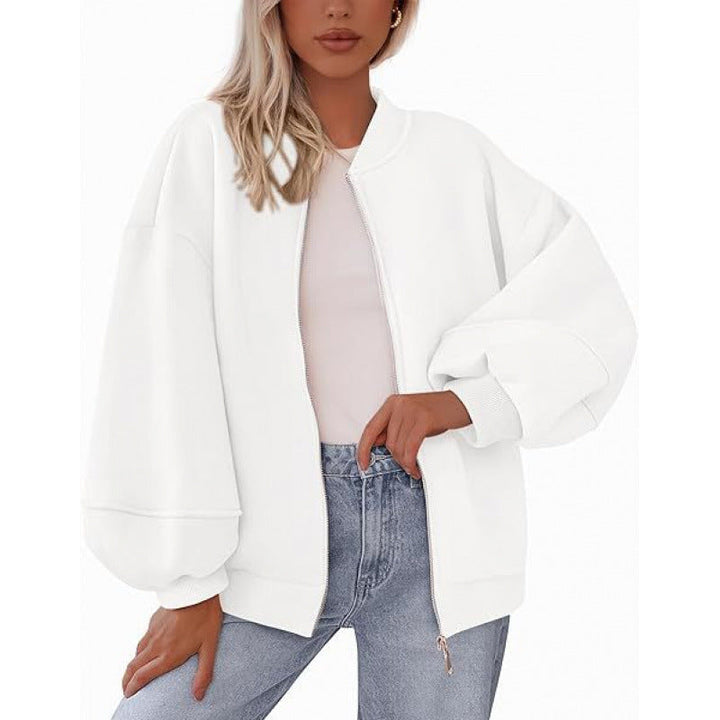 Damen lässige Oversized-Jacke mit Reißverschluss und ballonen Ärmeln