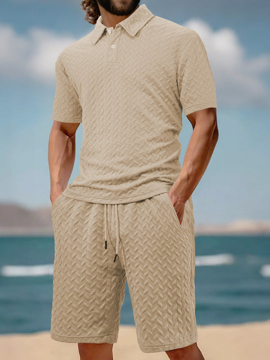 Herren nan geprägtes Strand-Ensemble mit offenem Kurzarm-Hemd und Kordel-Bermuda