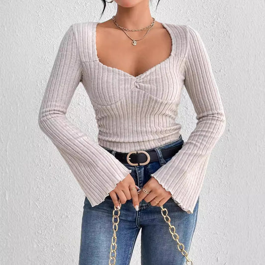Damen geripptes Langarm-Top mit herzförmigem Dekolleté Taillennaht Twist-Detail und Trompetenärmeln Nord Taschen
