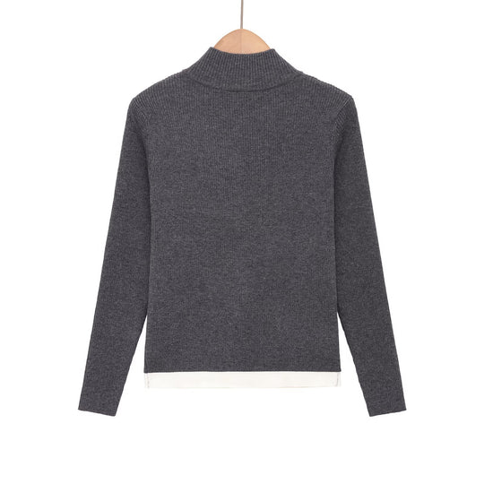 Damen Feinstrickpullover mit halbem Reißverschluss, Stehkragen und Lagenlook-Saum Nord Taschen