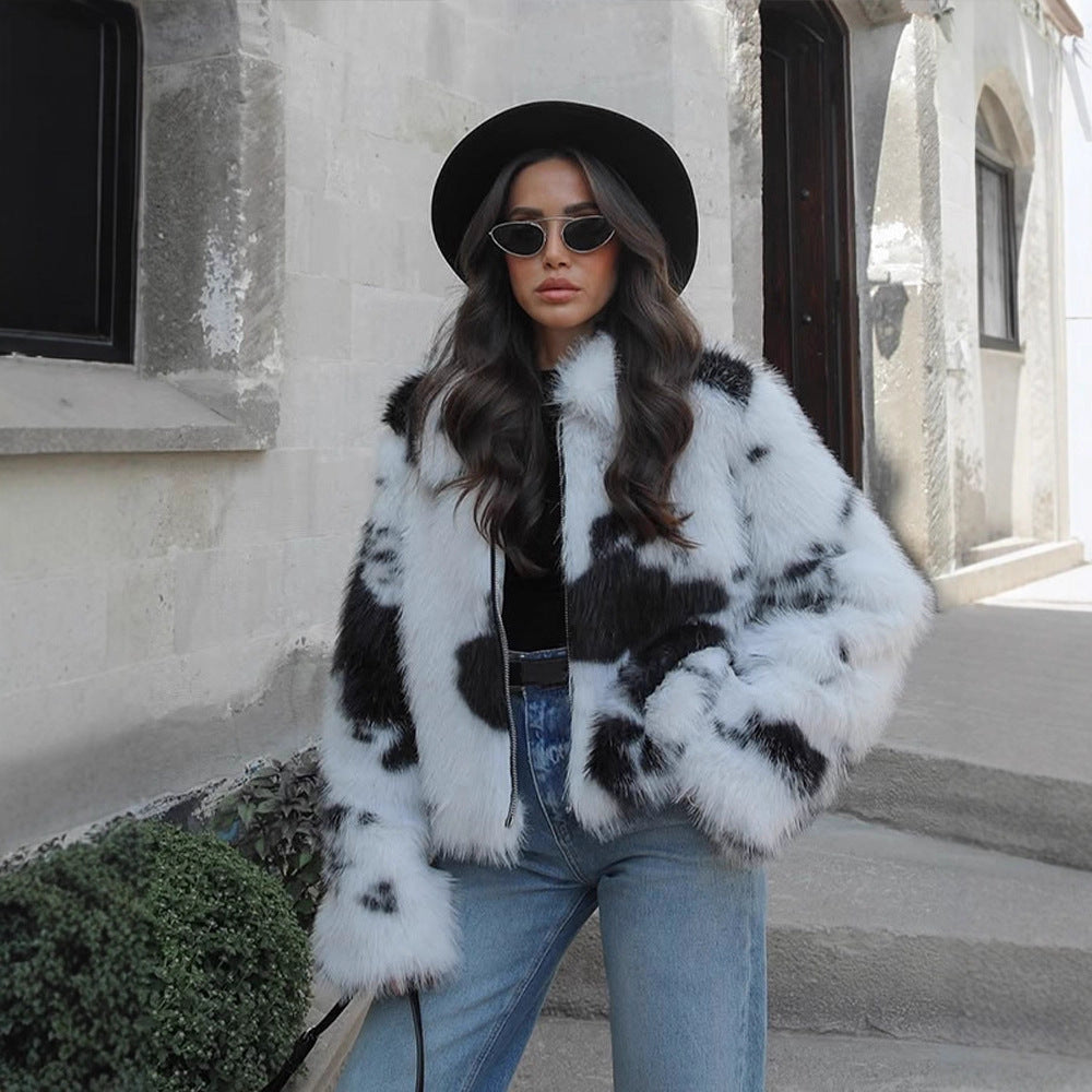 Damen Kurz geschnittener Faux‑Fur‑Bomber mit Fleckenmuster Nord Taschen
