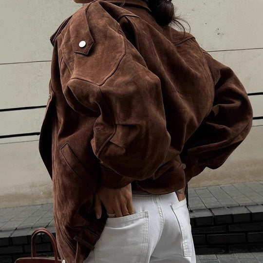 Damen Oversized Veloursleder-Blouson mit asymmetrischem Reißverschluss und Taillengürtel Nord Taschen