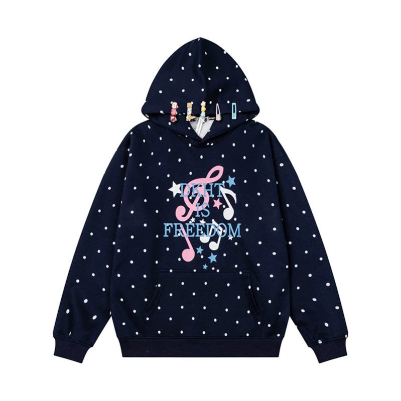 Damen Kapuzenpullover mit Polka-Dot, musikalischem Notenprint und Kängurutasche Nord Taschen