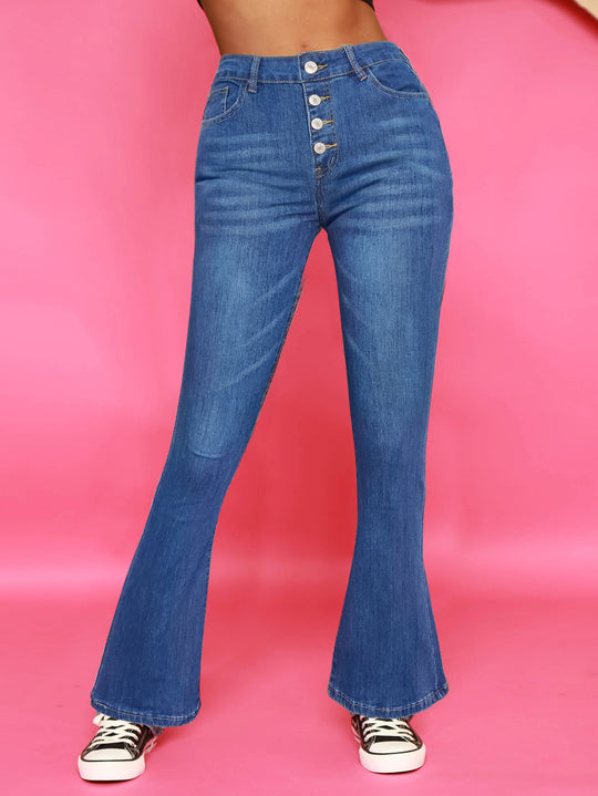 Damen Hochtaillierte Flared-Jeans mit sichtbarer Knopfleiste und sculptendem Superstretch-Comfort Nord Taschen
