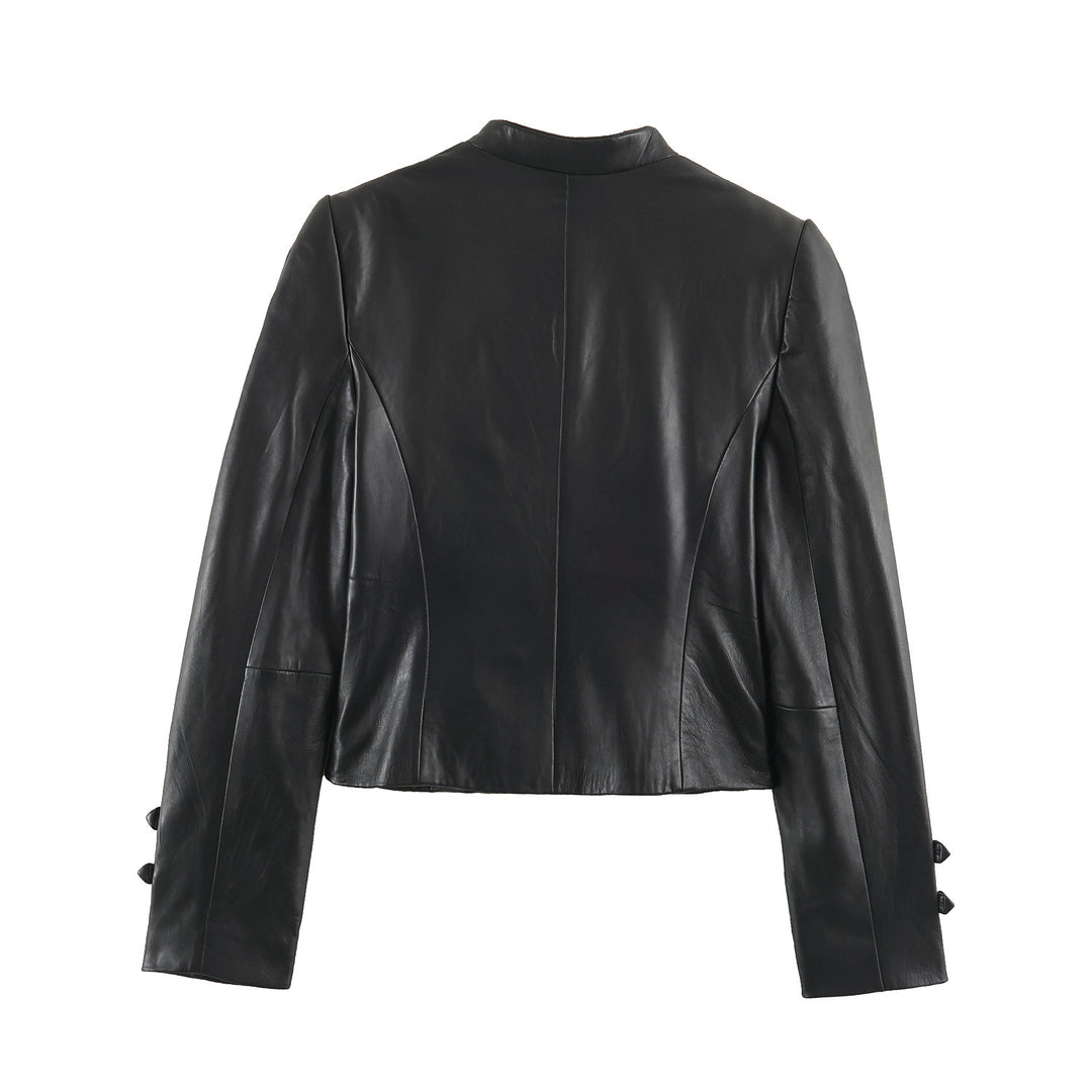 Damen Kurze Lederoptik‑Jacke im Military‑Look mit Stehkragen und Zierknopfleiste Nord Taschen