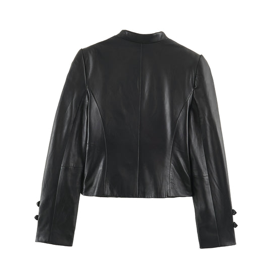Damen Kurze Lederoptik‑Jacke im Military‑Look mit Stehkragen und Zierknopfleiste Nord Taschen