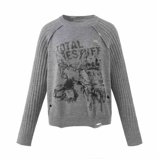 Damen Grobgestrickter Distressed Raglanpullover mit Retro-Grafikprint Nord Taschen