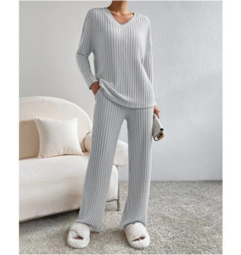 Damen Gemütliches Rippstrick-Loungewear-Set mit V-Ausschnitt und weitem Bein Nord Taschen