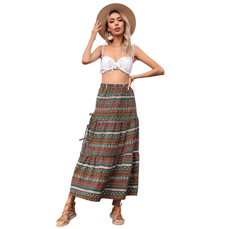 Damen Langer Boho-Maxirock mit Ethno-Print und seitlichen Bindebändern Nord Taschen